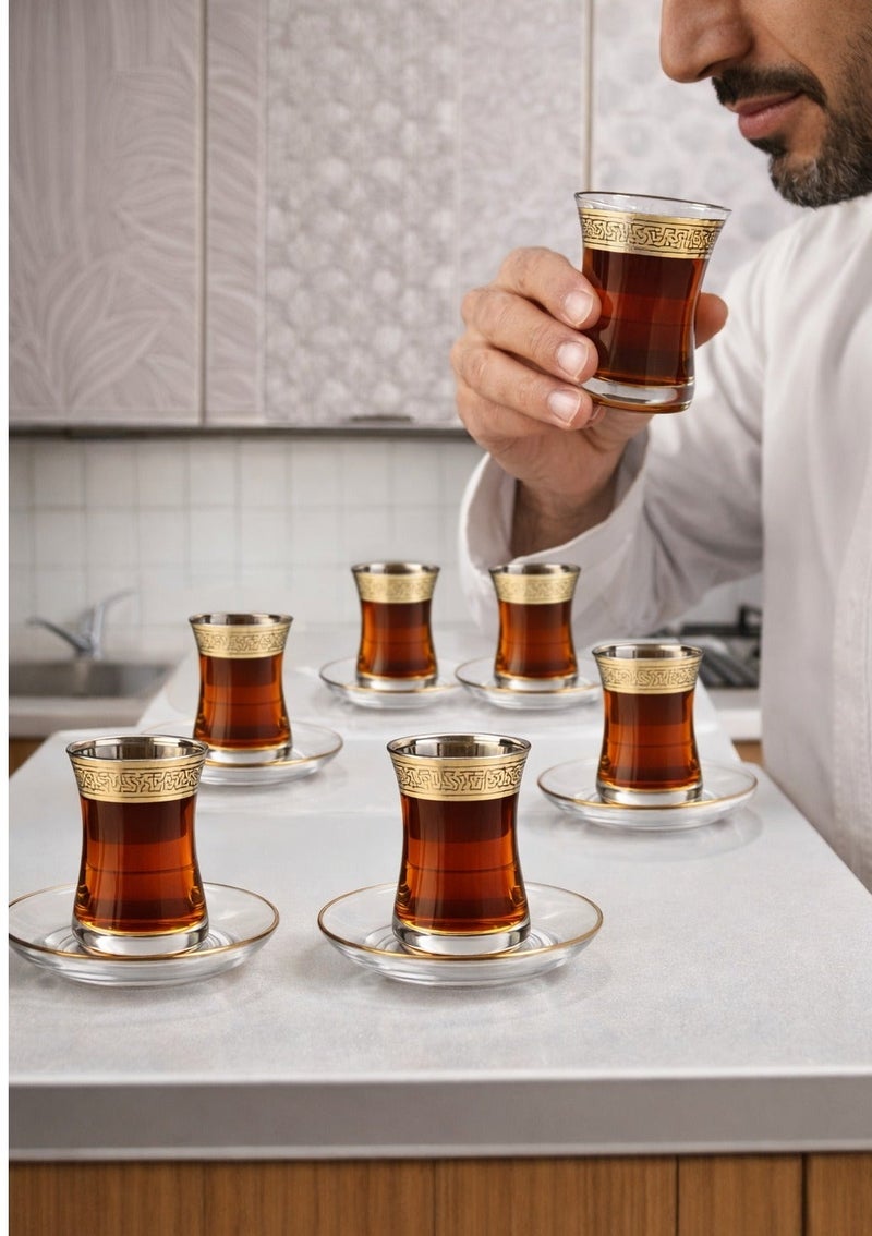 باي آرت طقم اكواب قهوة وشاي مكون من 6 اكواب و6 صحون مصنوع من الزجاج بحواف ورسومات ذهبية من الأعلى والأسفل صناعة تركية - Image 2